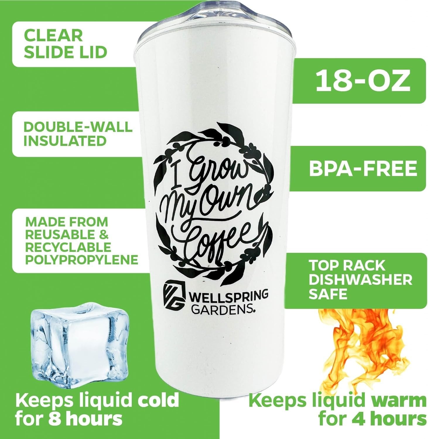 The Wellspring Gardens Live Coffee Plant + 'I Grow My Own Coffee' 18-oz Tumbler Gift Set features a Coffea Arabica plant and a white insulated tumbler with design, clear slide lid, BPA-free polypropylene; keeps drinks cold 8 hrs/warm 4 hrs.